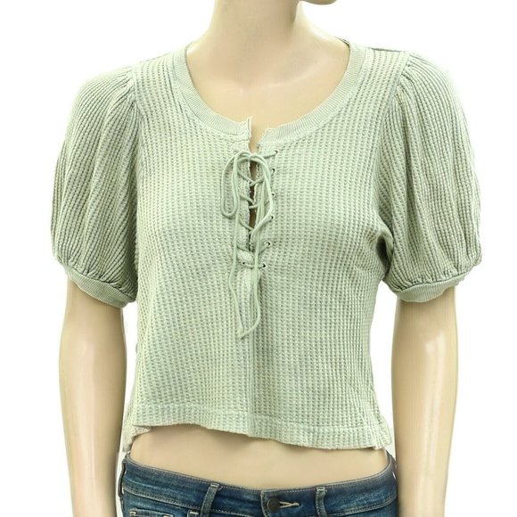 Free People FP One Hayden Waffle Thermal Blouse Top Puff Sleeve Knit M - Picture 3 of 5